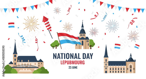 Vibrant Luxembourg National Day Celebration Vector Illustration with Grand Ducal Palaces, Flags, and Festive Fireworks