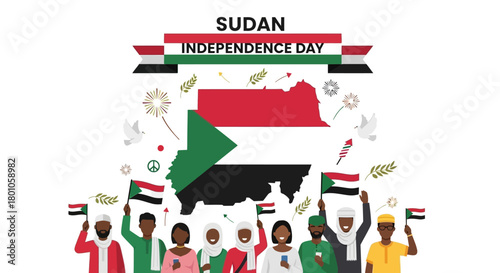 Vector illustration of a diverse crowd of Sudanese people celebrating a national holiday with flags and fireworks
