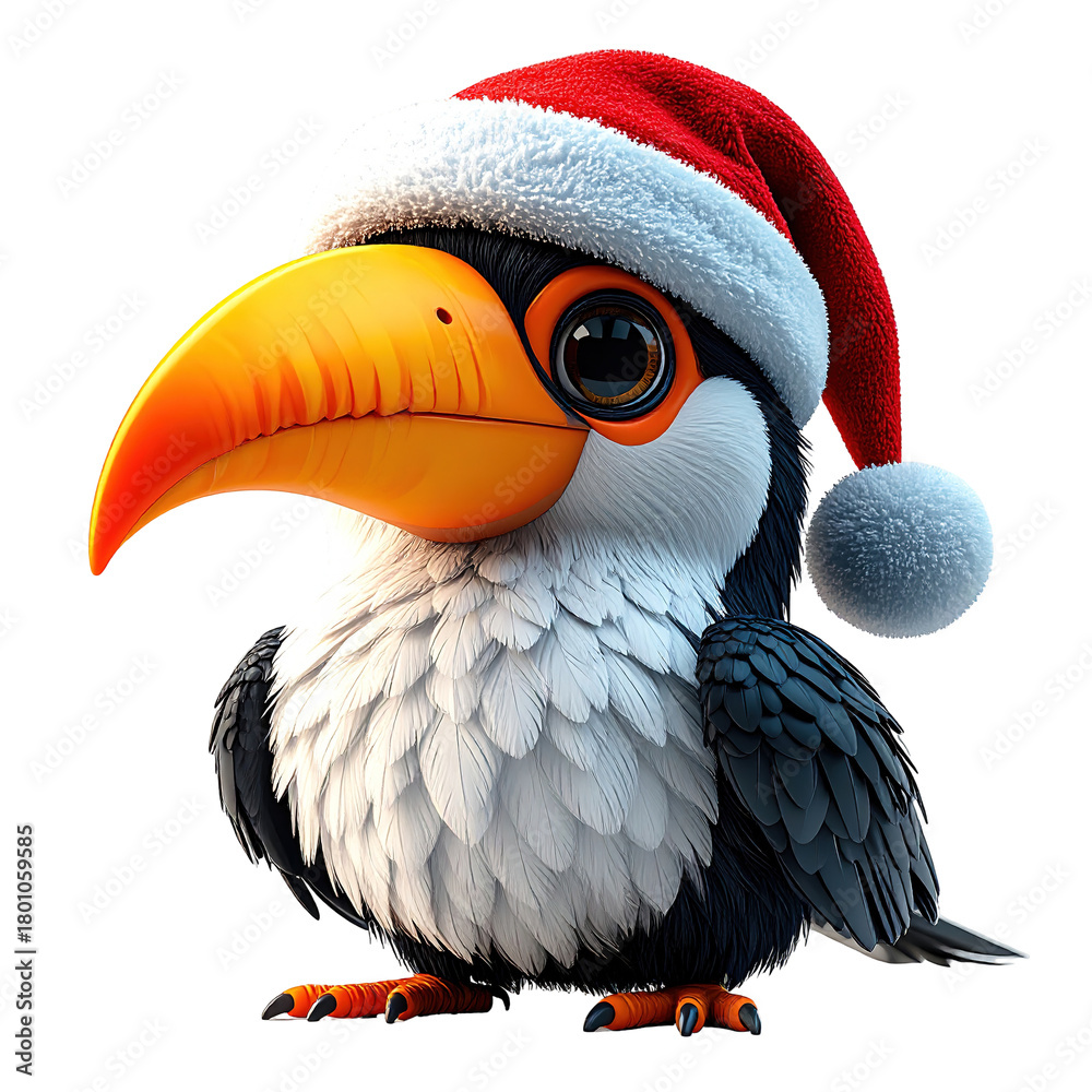 Fototapeta premium Adorable cartoon bird wearing Christmas hat, clipart, isolated on a transparent background.