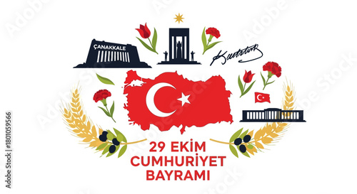 Turkish Republic Day October 29 celebration with national flag, historic monuments, and cultural symbols of liberty and unity vector illustration