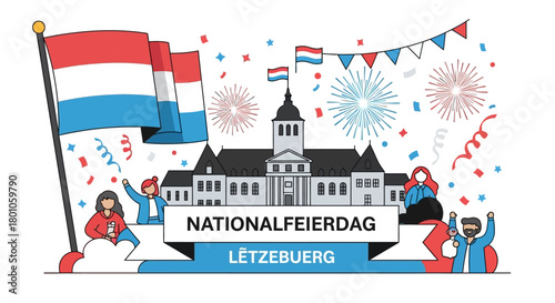 Luxembourg National Day Celebration - 'Lëtzebuerg' Banner with Fireworks and Flag