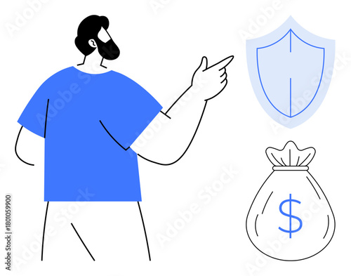 Person pointing toward shield and money bag symbolizing insurance, savings, safety, investment, financial planning, wealth management, and secure future. Ideal for finance, protection business
