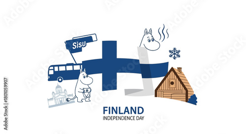 A festive vector illustration celebrating Finland's national day, featuring a collage of cultural icons like the flag, a cathedral, and a winter cabin