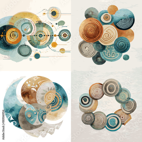 Watercolor abstract circles and spirals in warm and cool tones. Modern artistic composition ideal for decorative design projects creative patterns and contemporary visual artwork.