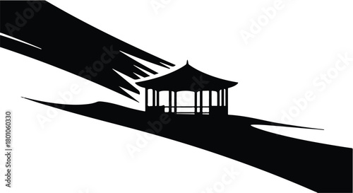 Serene traditional pavilion silhouette against a dynamic brushstroke background
