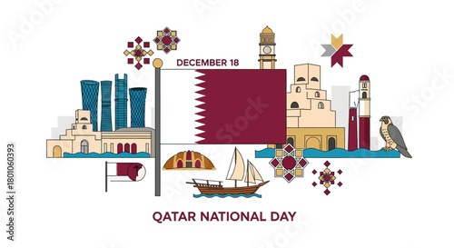 Qatar National Day Celebration with Flag, Landmarks, and Traditional Dhow