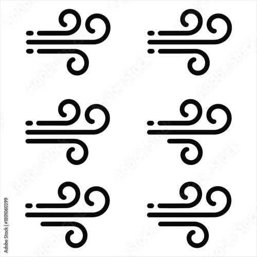 Six Black Wind Icons in Two Columns breeze weather