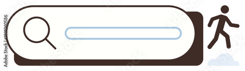 Magnifying glass over search bar with walking figure. Ideal for exploration, discovery, navigation, curiosity, innovation, goal-setting, information-seeking. Clean and simple flat metaphor