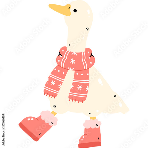 Cute Goose with pink scarf and boots hand drawn illustration