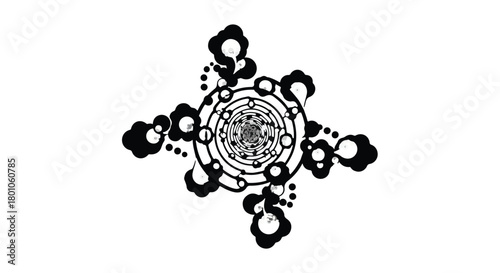 Intricate black and white abstract mandala with swirling geometric patterns and organic shapes.