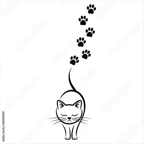 Black silhouette of a walking cat with closed eyes and paw prints