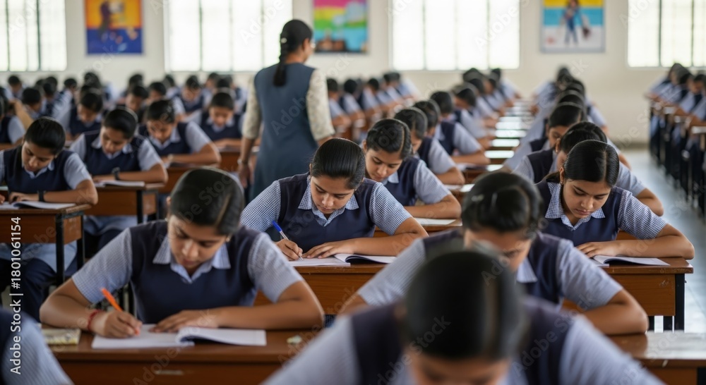 Obraz premium Students Taking School Examination – Focused pupils seated in a supervised exam hall