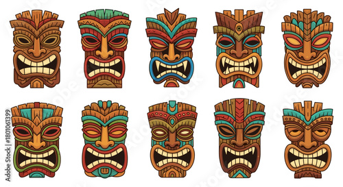 Collection of colorful cartoon tiki mask illustrations on a white background, perfect for designs and decor.