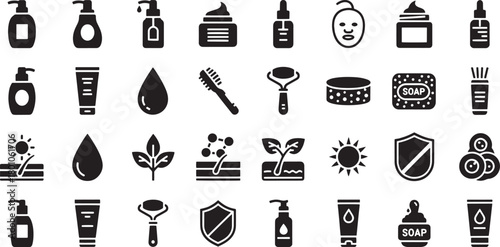 Collection of skincare and beauty product icons representing various treatments and ingredients isolated on transparent background