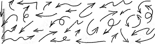  Sketchy arrow set with pen, crayon and chalk effects.  Black doodle arrow vector collection with hand drawn curved arrows, sketch direction signs, loop symbols and ink pointer elements for notes