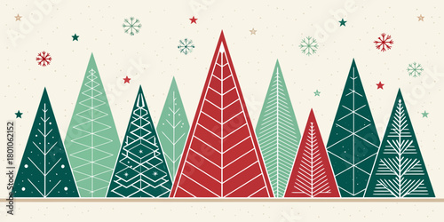 Christmas vector stylized christmas trees in green and red with snowflakes and stars on a cream colored background