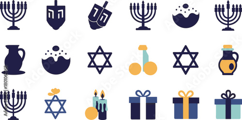 Collection of hanukkah symbols including menorahs dreidels star of david gifts and oil jug isolated on transparent background