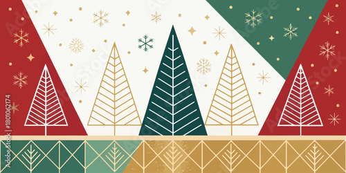 Christmas vector stylized christmas trees with snowflakes and geometric patterns in festive colors design art