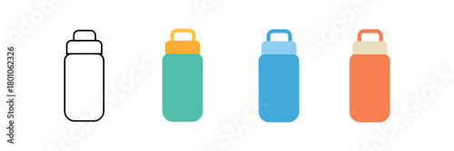 Set of minimalist water bottle icons with transparent background, depicting hydration and portable drink containers for sports, travel, and daily use, vector illustration