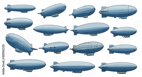 Set of illustrated airships in various angles and designs, isolated on a white background, representing air travel and transportation concepts, ideal for design elements and educational resources.