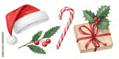 Christmas vector watercolor christmas themed image featuring a santa hat candy cane gift and holly sprig design element