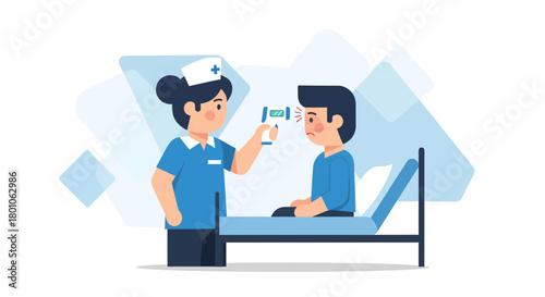 A Nurse Checking A Patient's Temperature In The Hospital With Contactless Thermometer