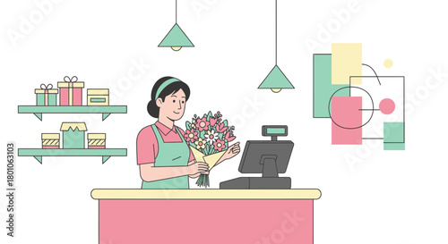 A Young Florist Arranges a Beautiful Bouquet and Prepares for a Transaction