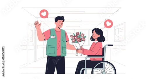 Caring Interactions Depicted With A Person Offering Flowers To Another In Wheelchair