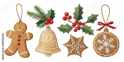 Christmas vector illustration of christmas gingerbread cookies and holly branches on a white background