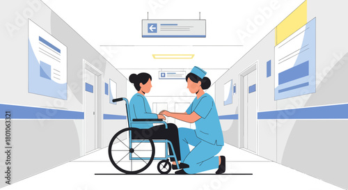 Compassionate Nurse Assisting Patient in Wheelchair at Hospital Corridor