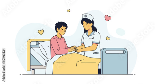 Compassionate Nurse Comforting Patient in Bed as Hearts Symbolize Supportive Care
