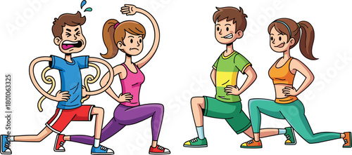 Cartoon characters doing lunges, fitness struggle versus ease, exercise illustration, health and workout humor, athletic training concept, gym activity art