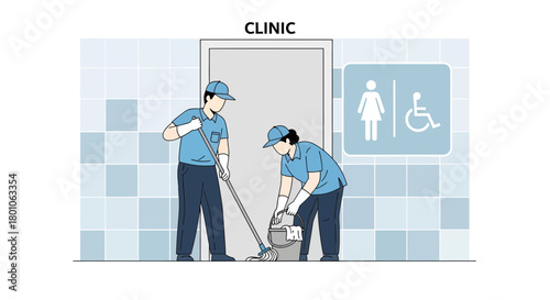 Cleaners Moping Floor In A Public Restroom: Clinic Sanitary Practices Illustration