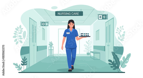 Dedicated Nurse Navigates Hospital Corridor Carrying Medication for Patient Treatment