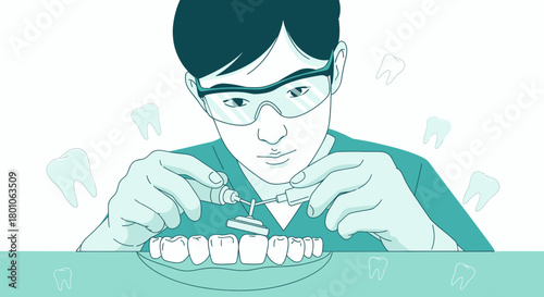 Dentist Performing Dental Procedures, Showing A Close-Up View Of Teeth Restoration Artwork