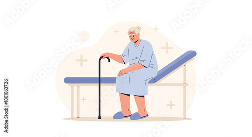 Elderly Patient Resting on a Medical Couch with a Walking Stick, Facing Downward Thoughtfully