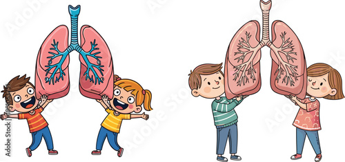 Cartoon children holding lung diagrams, respiratory system illustration, anatomy comparison for kids, educational medical concept, playful biology learning image