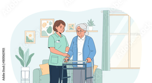 Elderly Woman With Caregiver Using Walker In Senior Living Illustration