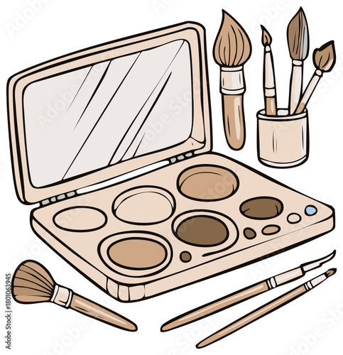 Cosmetic Palette and Brushes Illustration, Eyeshadow Palette with Mirror and Brush Set on White Background