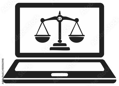 Laptop computer displaying an image of justice scales symbol in monochrome