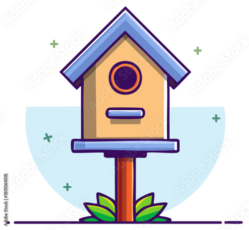 Cute colorful birdhouse cartoon vector illustration on a wooden pole