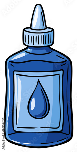 Blue liquid glue bottle with drop icon on label isolated cartoon illustration