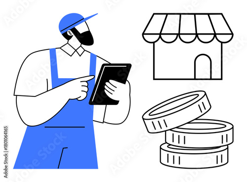 Store manager in uniform holding a tablet near coins and storefront. Ideal for retail, e-commerce, finance, small business, entrepreneurship, technology integration, and digital transformation