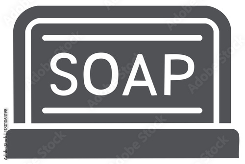 Gray soap graphic icon, hygiene product sign with text, simple design element