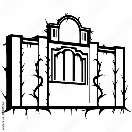Black and white illustration of an abandoned building isolated on