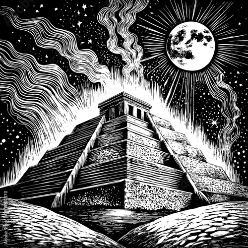 Ancient mayan pyramid illuminated by the moon and cosmic energy