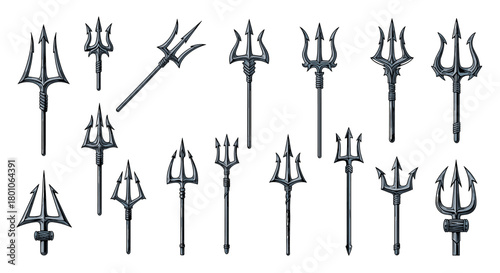 Collection of hand-drawn tridents, various styles, isolated on white background, in vector illustration format.