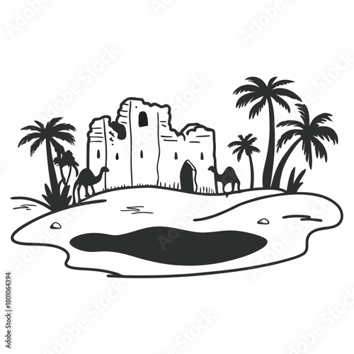 Desert oasis with ruins isolated on