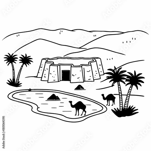 Desert landscape with oasis and fort isolated on