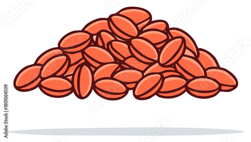 Pile of oval orange berries or pills with dark outlines and a shadow underneath